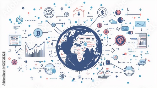 Global investment diversification concept A globe surrounded by stock market symbols, cryptocurrency icons, and investment charts showing diversified portfolios