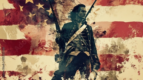 Revolutionary soldier with muskets and old flag.