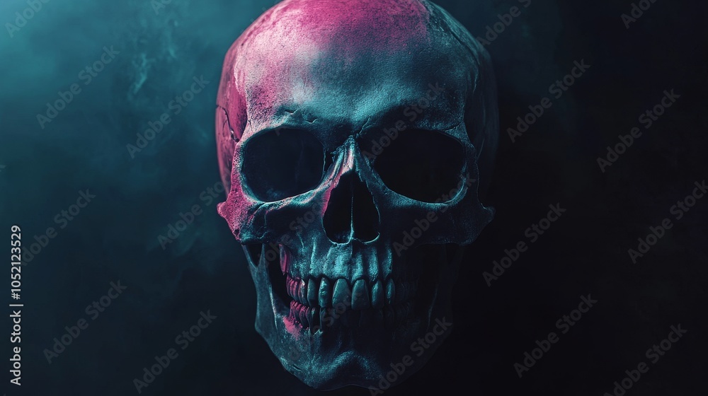 A skull with a pinkish hue and a blue background A skull with a pinkish hue and a blue background