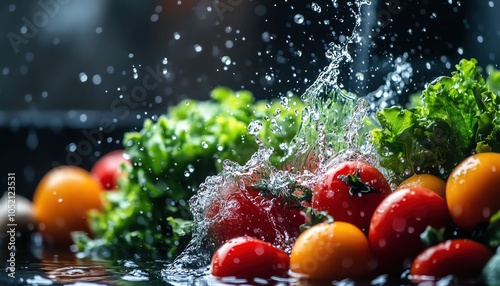 Fresh vegetables splash in water, captured midmotion with vibrant colors against a dark background
