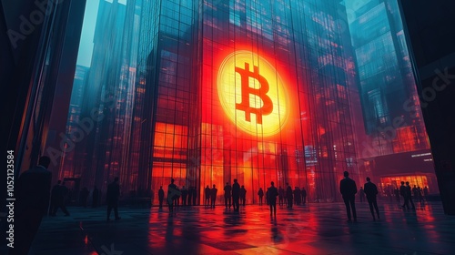 A futuristic city square features a towering glass building with a massive, glowing Bitcoin symbol, casting an orange hue on the scene.