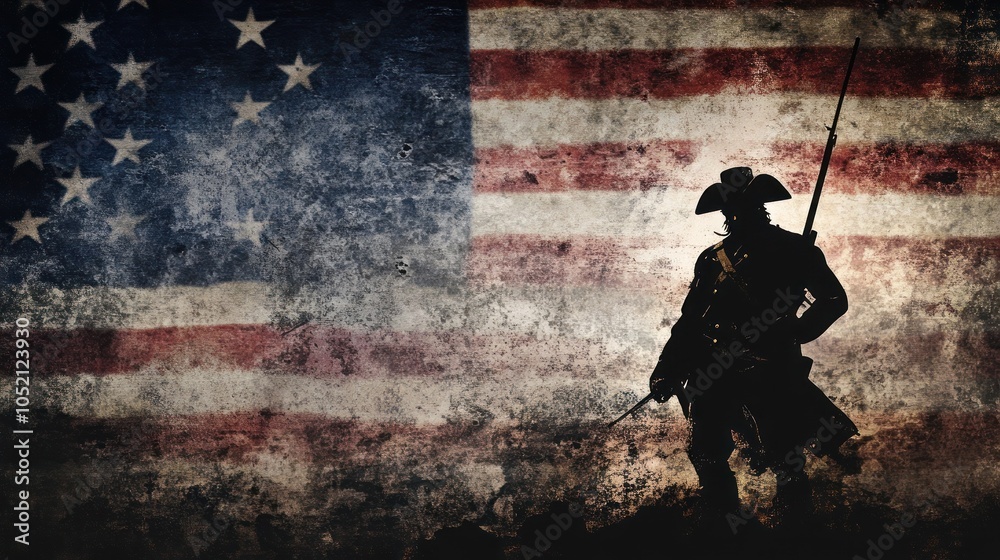 Revolutionary soldier against an American flag backdrop