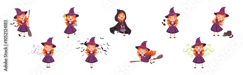 Little Girl Witch Character in Purple Pointed Hat Vector Set