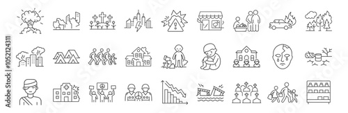 War Consequences line icon set. Vector pictograms of destruction, displacement, humanitarian crises, refugee camp, mass migration, power outage, graveyard, orphan child thin linear illustration.