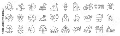 Sustainability, Eco-Friendly line icon set. Vector pictograms of renewable energy, recycling, sustainable transportation, organic farming, solar panel, wind turbine thin linear illustration.