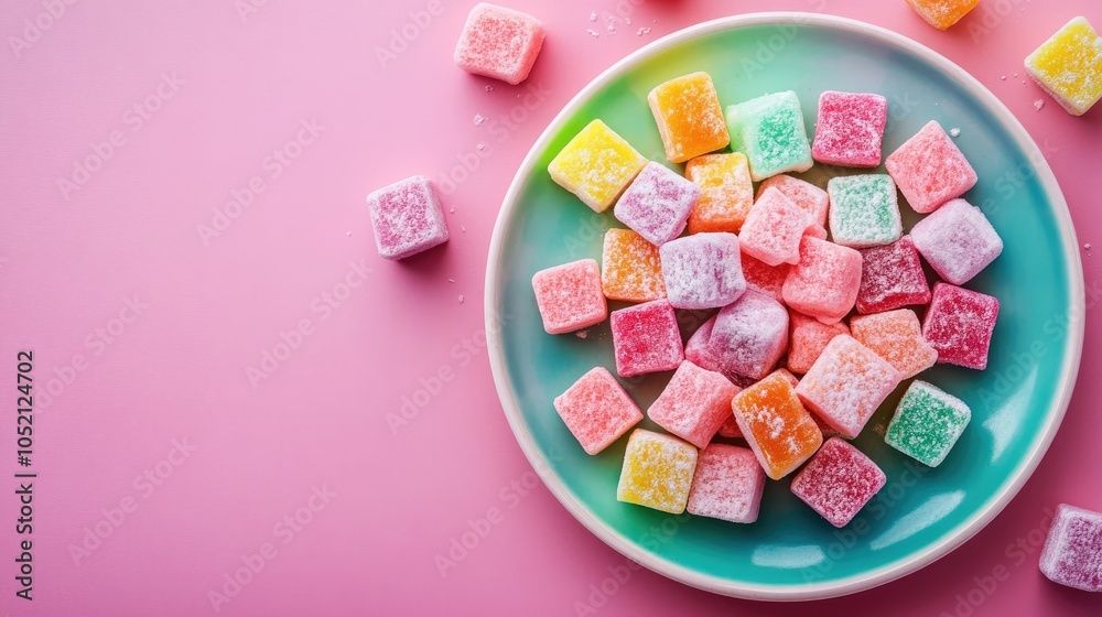An array of colorful Turkish delight cubes on a ceramic plate, copy space An array of colorful Turkish delight cubes on a ceramic plate, copy space