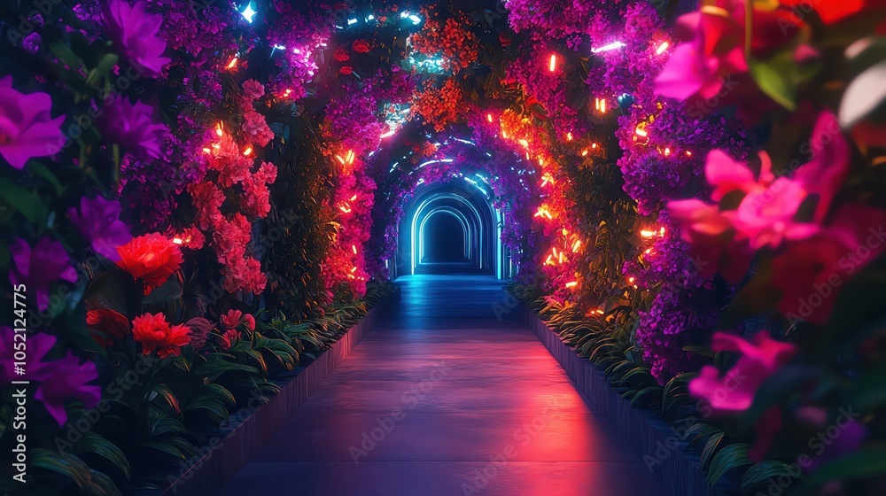 Fototapeta premium Neonlit tunnel filled with vibrant flowers and plants, futuristic and surreal atmosphere