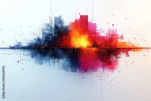 A colorful cityscape with a reflected skyline on water, painted in a digital art style.