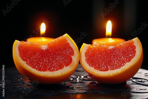 A gothic kitchen with shadowy grapefruit halves on an antique counter, illuminated by dim candlelight photo