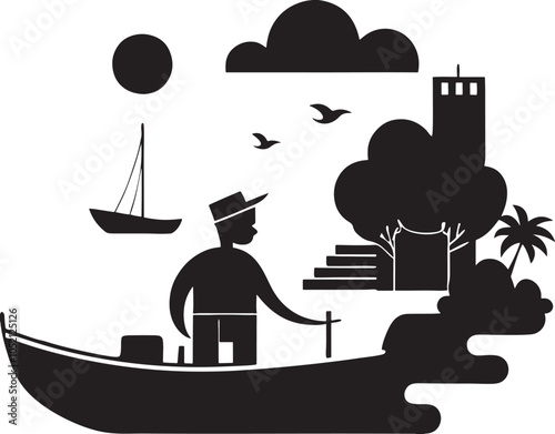 Adventure Vector Art - Man Rowing Boat in Open Sea