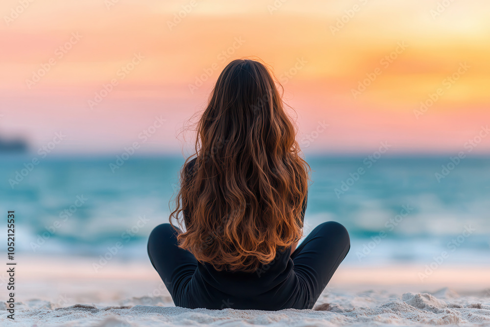 woman with long, wavy hair sits on sandy beach, gazing at beautiful sunset over ocean. serene atmosphere evokes sense of peace and reflection woman with long, wavy hair sits on sandy beach, gazing at beautiful sunset over ocean. serene atmosphere evokes sense of peace and reflection
