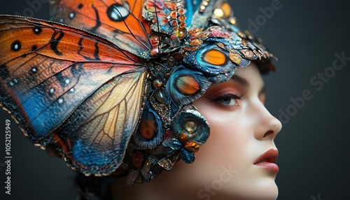 Surreal butterflyinspired headpiece with intricate, colorful designs photo