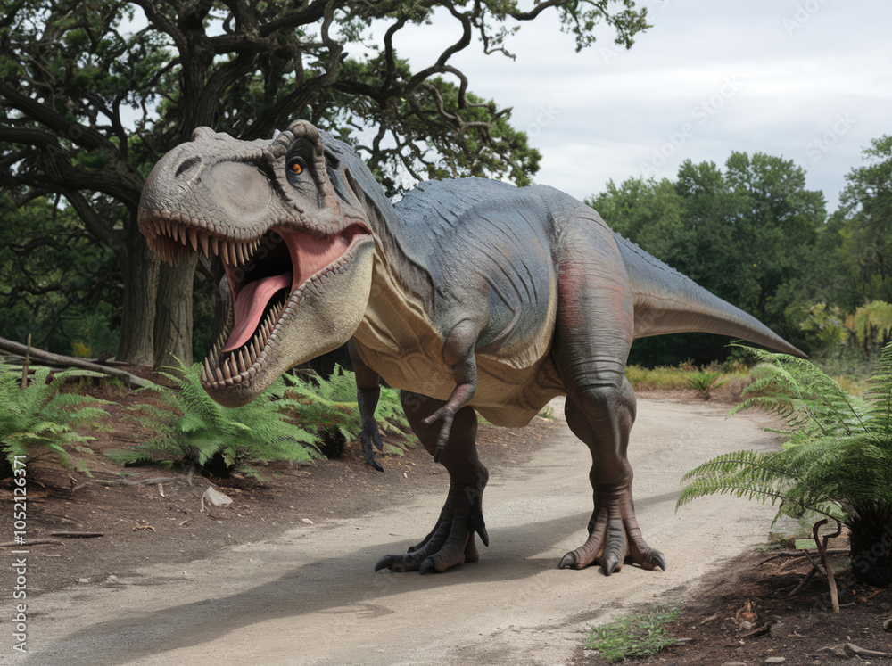 Fototapeta premium Tyrannosaurus rex walking on path in prehistoric park