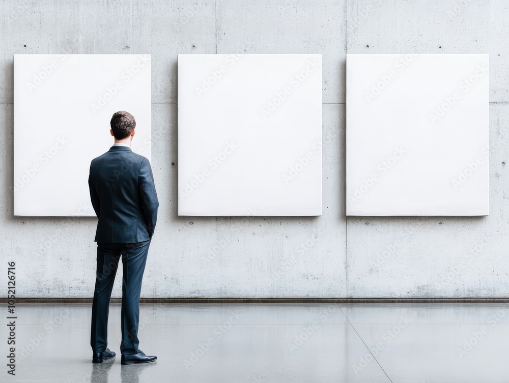 A businessman stands contemplatively in front of blank canvases, symbolizing creativity and the potential of new ideas. A businessman stands contemplatively in front of blank canvases, symbolizing creativity and the potential of new ideas.