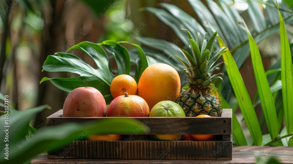 fresh tropical fruits in a wooden box, Generative AI, fresh tropical fruits in a wooden box, Generative AI,