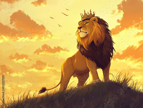 Majestic lion wearing a crown stands atop a hill under a golden sunset sky.