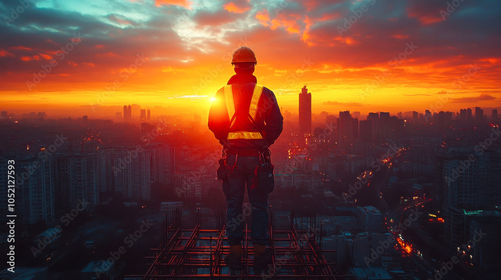 Fototapeta premium A construction worker stands on a high-rise, facing a stunning urban sunrise, symbolizing resilience, progress, and dedication