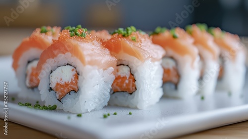 Fresh Salmon and Avocado Sushi Roll with Rice and Seaweed Close-Up photo