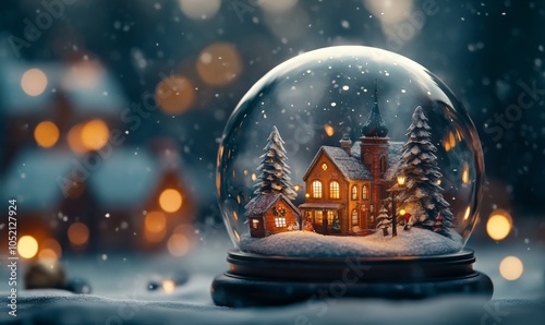 Snow globe with a mini Christmas village inside, magical and serene, 3D illustration