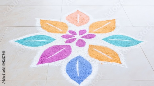 Colorful Rangoli Flower Pattern on Floor for Traditional Indian Festival Celebration photo