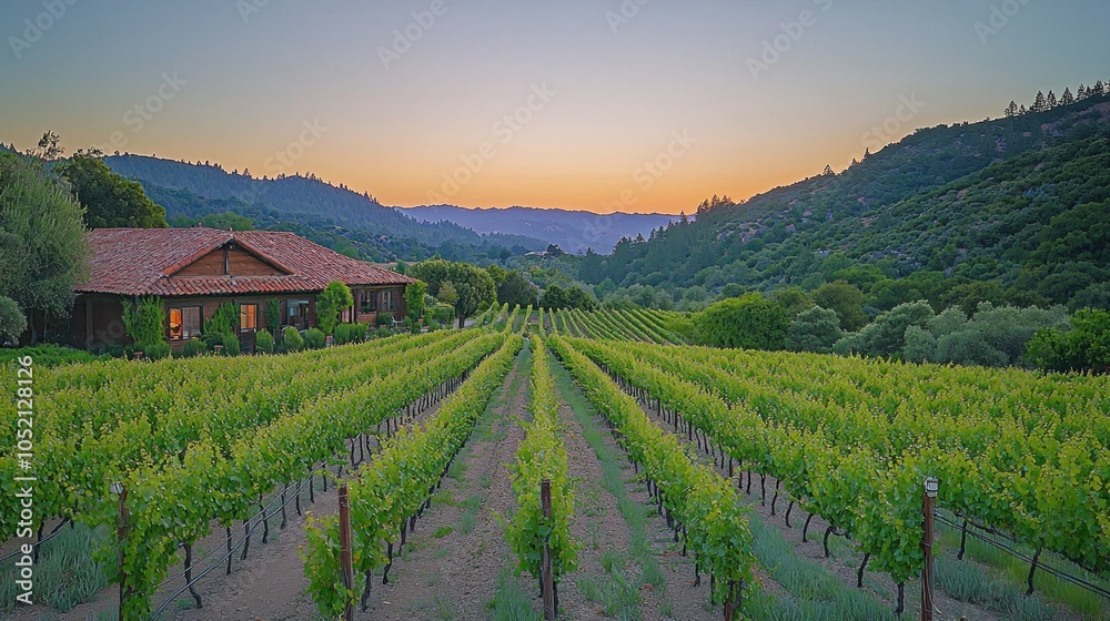 Fototapeta premium Scenic vineyard landscape at sunset