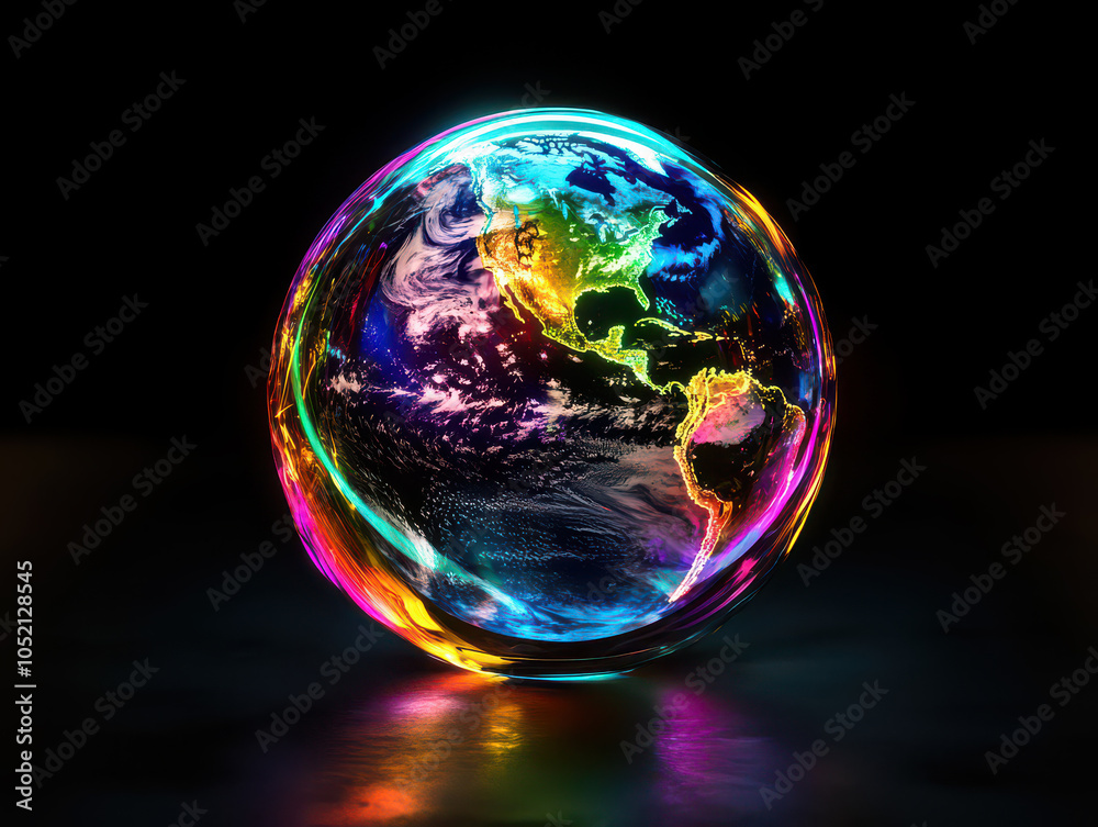 A vibrant, glowing globe showcasing North and South America against a dark background with colorful reflections. A vibrant, glowing globe showcasing North and South America against a dark background with colorful reflections.