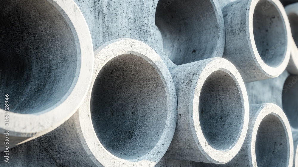 Close-up view of concrete pipes, with surface details and round structure captured in warm natural light. Close-up view of concrete pipes, with surface details and round structure captured in warm natural light.