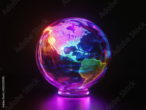 Vibrant glass globe with neon lights highlighting continents against a dark background.