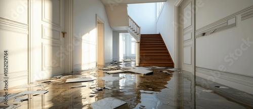 Flood-damaged home interior with water-soaked floors, broken fixtures, sense of abandonment, detailed textures, somber post-disaster scene photo