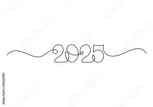 2025 Happy New Year . Christmas symbols 2025 .Continuous one line drawing. Vector illustration