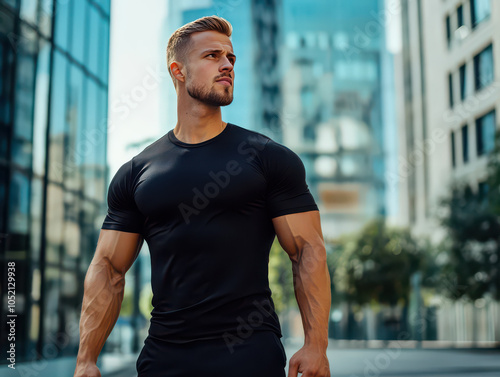 Muscular Caucasian man in black athletic wear stands confidently in an urban cityscape.