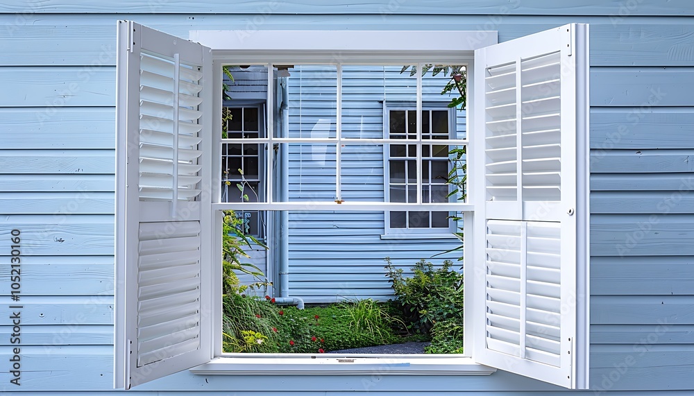 Fototapeta premium Open window of a historic white house with blue walls, green garden visible, white wooden frame, street scene, daylight, photo realistic.