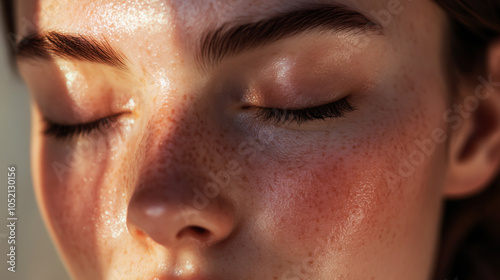 Wallpaper Mural Close-up of a serene young woman with glowing skin and freckles enjoying a moment of relaxation indoors Torontodigital.ca