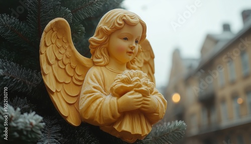 A charming yellow angel figurine with delicate wings, holding a small bouquet, sits gracefully on a fir branch against a soft urban background