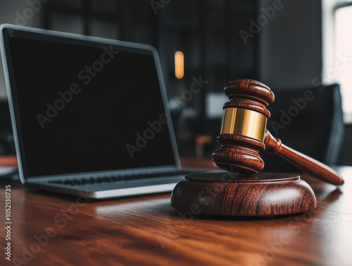 A wooden gavel next to a laptop on a wooden desk, symbolizing digital law and online justice.