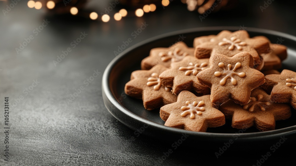 Festive gingerbread cookies with icing, placed on holiday background, space to copy Festive gingerbread cookies with icing, placed on holiday background, space to copy