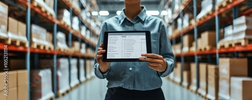A professional holding a tablet in a warehouse, showcasing inventory management and modern business technology.