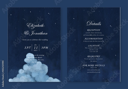 Watercolor hand drawn night sky wedding invitation set template
