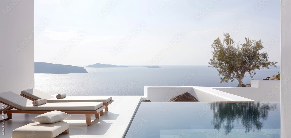 Fototapeta premium A serene view from a luxury villa overlooking the ocean, featuring lounge chairs by an infinity pool and distant islands under a clear sky.