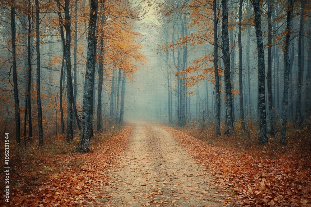 Obraz premium Serene Foggy Forest Path in Autumn with Fallen Leaves, Evoking Mystery, Calmness, and Nature's Quiet Beauty
