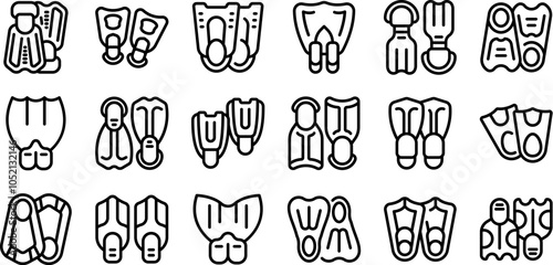 Scuba flippers icons set. Set of black line icons of diver fins, flippers for diving and swimming in different styles