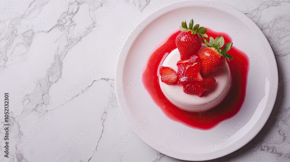 Fresh strawberry panna cotta on white plate, top view, text area available