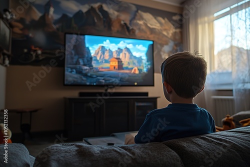 A young boy watching a cartoon on a large TV in a cozy living room with warm natural light filtering through the window