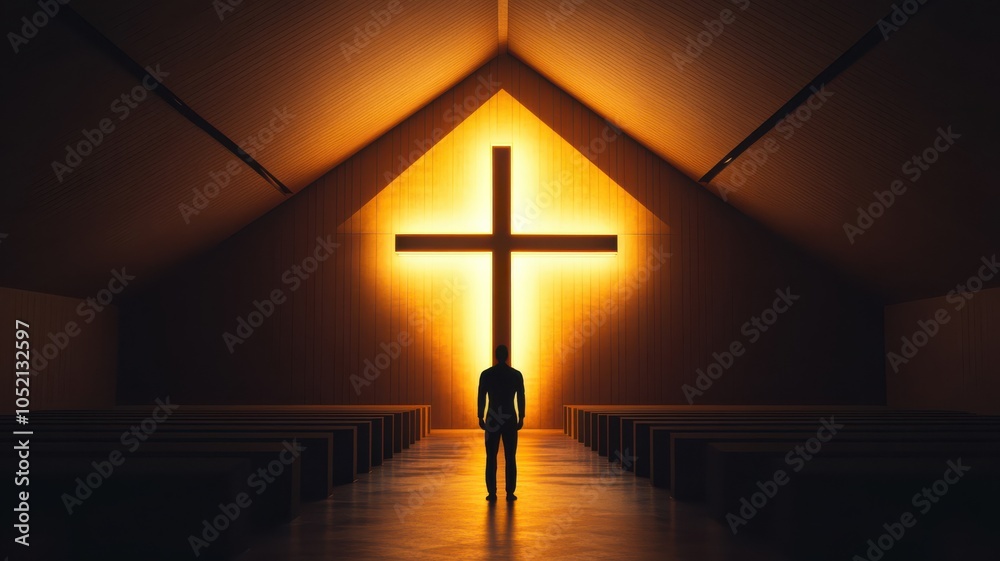 Naklejka premium A silhouette of a person standing in a church, illuminated by a glowing cross, symbolizing faith and hope.