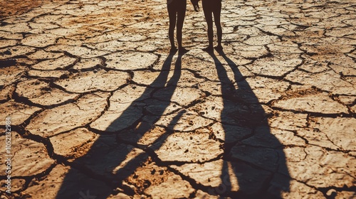 A pair of individuals stand on cracked earth, casting long shadows in a warm landscape, symbolizing connection amid environmental change.