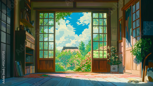 Japanese private house room. Illustrations that look like a scene from an anime or game. photo