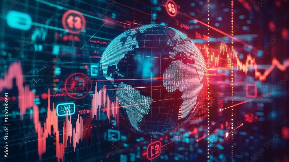 Global financial network concept A globe with interconnected financial symbols like dollar signs, euro symbols, and stock chart Global financial network concept A globe with interconnected financial symbols like dollar signs, euro symbols, and stock chart