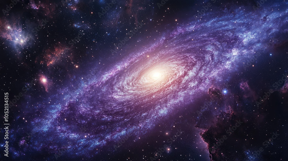 Obraz premium A distant purple galaxy with glowing spirals of stars and nebulae, radiating deep shades of violet and indigo into the vast cosmic void