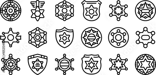 Sheriff badge icons set. Collection of sheriff star icons representing law enforcement, authority, and justice
