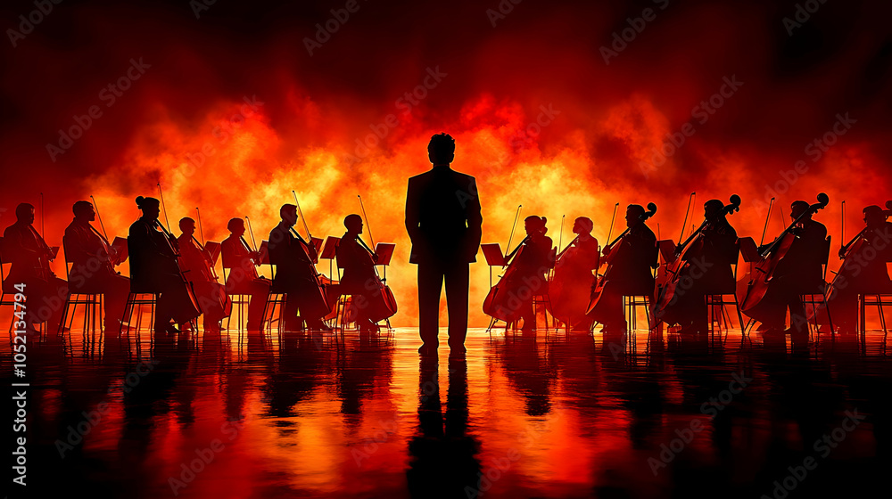 Fototapeta premium Silhouette of Orchestra Performing in a Fire Background Illustration